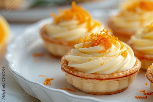 Close up of white plate with orange zest decorated protein cream and orange jam tartlets