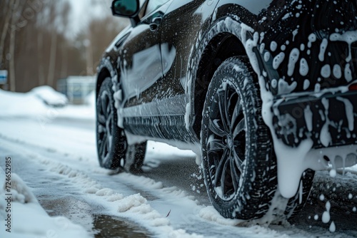 Close up photo of a black electric SUV engulfed in soapy foam with foam dripping from the rear fender onto the family car s tire and rim