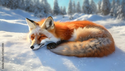 red fox sleeping on snow covered ground