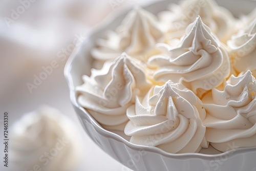 Close up photo of small meringues displayed on a white plate Empty area available for text