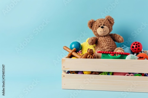 Toy box full of baby kid toys. Container with teddy bear, fluffy and educational wooden toys on light blue background. Cute toys collection for small children. Front, Generative AI  © Clicks Flicks