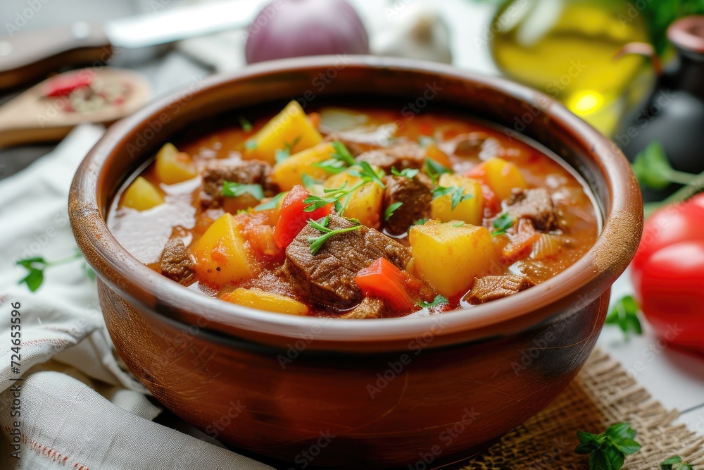 Beef goulash, soup and a stew, made of beef chuck steak, potatoes and plenty of paprika. Hungarian traditional meal. Beef goulash, soup and a stew, made of beef chuck steak, potatoes and plenty of paprika. Hungarian traditional meal.