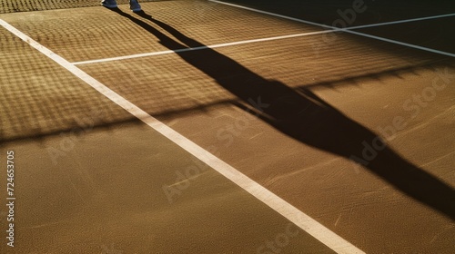 Silhouette of a player on an outdoor badminton court with long shadows of trees. Concept of outdoor sports and serene playing environment
