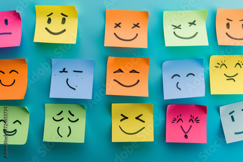 Testimonial rating concept with colorful sticky notes. various mood faces drew on sticky notes, cute abstract hand-drawn emoji drawings on page, Optimism and pessimism emotion concept wallpaper banner photo