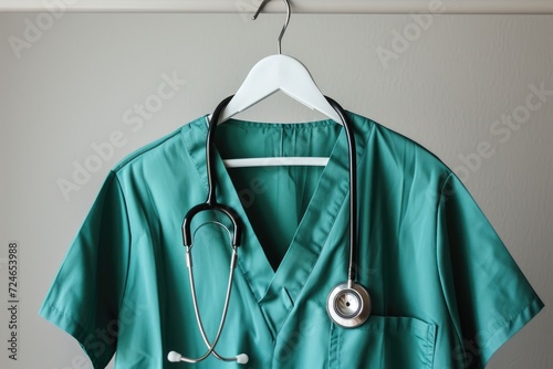 Closeup of a doctor s scrubs and stethoscope on hanger neutral background Green surgical smock on white hanger gray background copy space photo