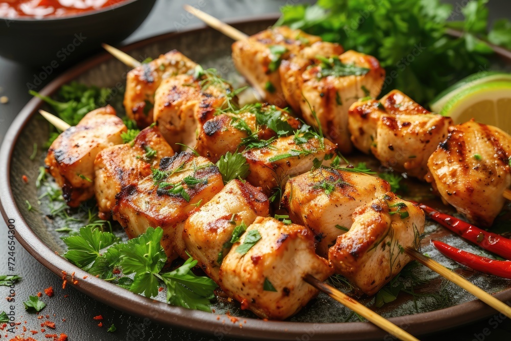Chicken kebab skewers on a plate Chicken kebab skewers on a plate