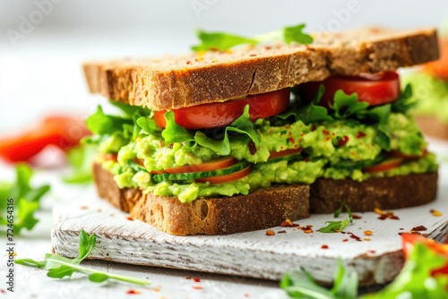 Closeup of tasty sandwiches with guacamole on white surface