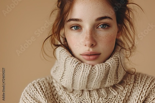 Closeup of woman wearing cashmere sweater on beige background
