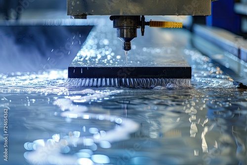 Machine using water pressure to cut through stainless steel materials photo