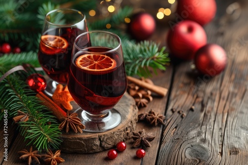 Christmas mulled red wine with spices and fruits on a wooden rustic table. Traditional hot drink at Christmas time.