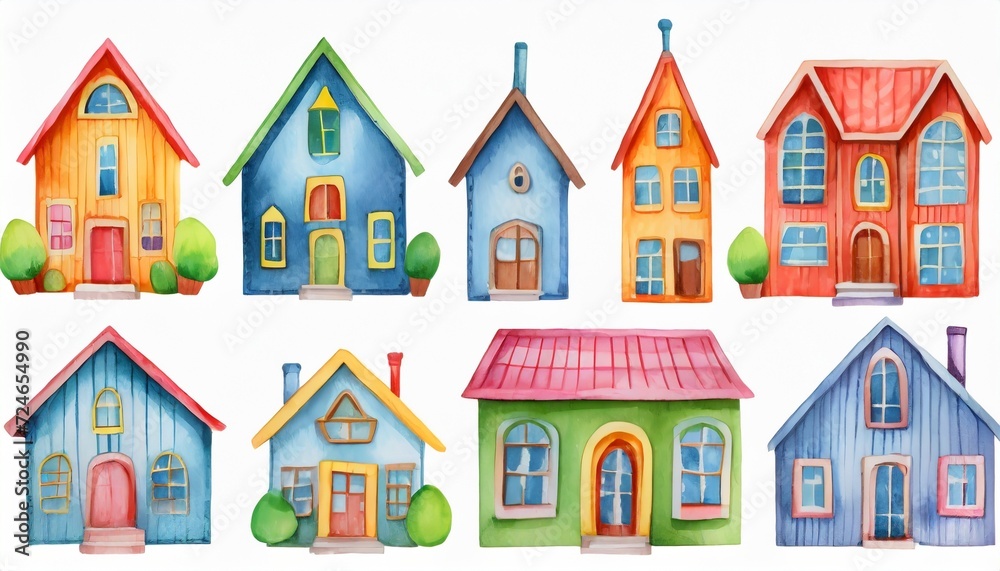 set of cute watercolor houses on white background funny cartoon fairy tail houses for kids books story books