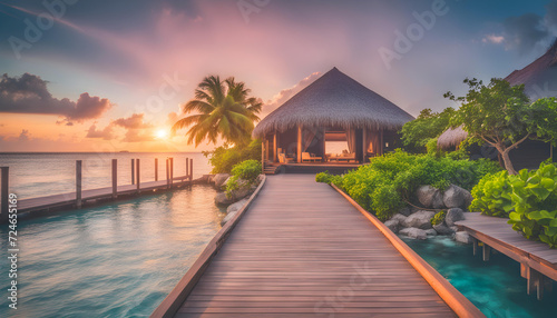 tropical resort at sunset