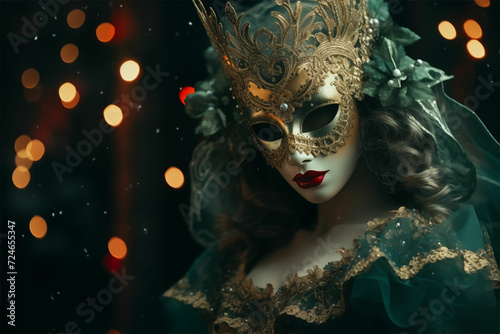 "Capture the allure of a green Venetian mask adorned with glittering lights, embodying mysterious beauty in the aesthetic movement style, 32K UHD, and nightcore vibes."