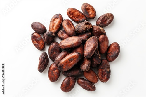 Cocoa beans with no skin isolated on white background from above view photo
