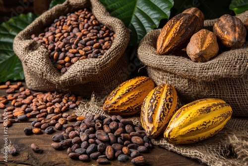 Cocoa concept with raw wooden beans and fruits