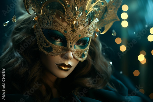 "Capture the allure of a green Venetian mask adorned with glittering lights, embodying mysterious beauty in the aesthetic movement style, 32K UHD, and nightcore vibes."