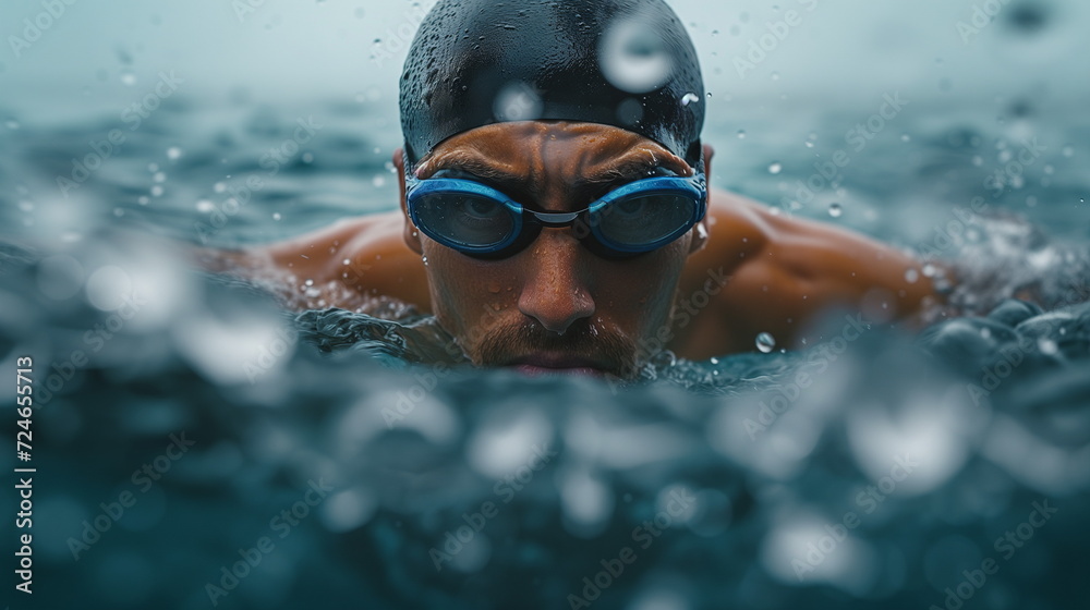 Fototapeta premium Swimming. Man swimming crawl. Male freestyle swimmer crawling doing crawl-swimming stroke in pool wearing swimming goggles and swim cap. Sport fitness model close up