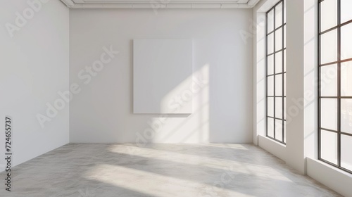 Large blank white empty frame on the wall in a minimalist room