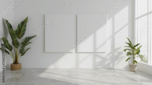 Large blank white empty frame on the wall in a minimalist room © YauheniyaA