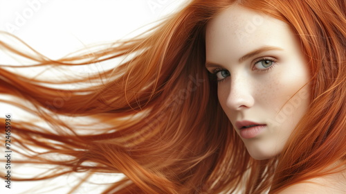Portrait of beautiful cheerful redhead girl with flying copper hair over white background