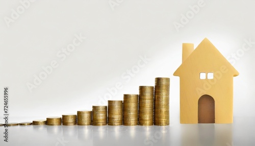 house and stack of coins with white background home savings concept energy saving cost of the house cost of living savings for home goal investment property technology