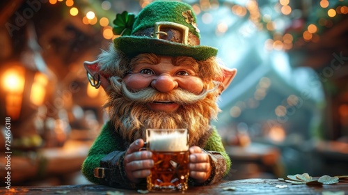 Cheerful Leprechaun with Beer at Pub © Andrey