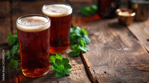 Two Pints of Red Ale with Clover Leaves