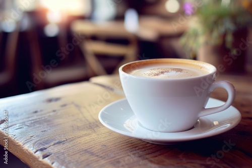 Coffee cup at cafe in close up