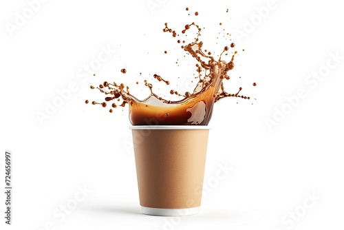 Coffee splashing out of an isolated paper cup on a white background