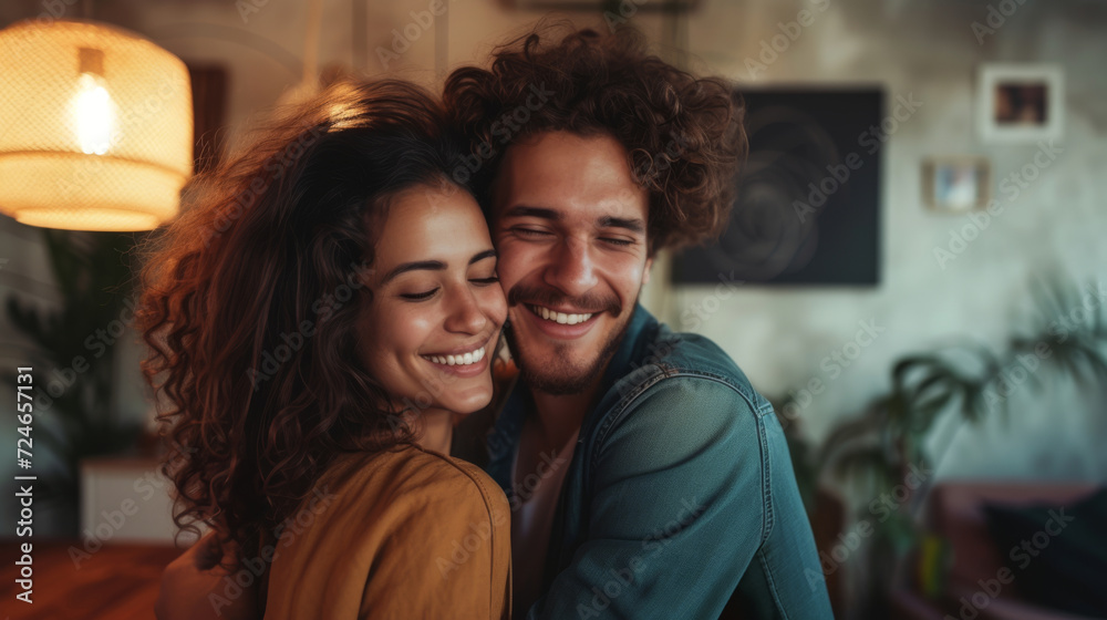 A close-up of a beaming young couple in a loving embrace, illuminated by the warm light of their modern city apartment