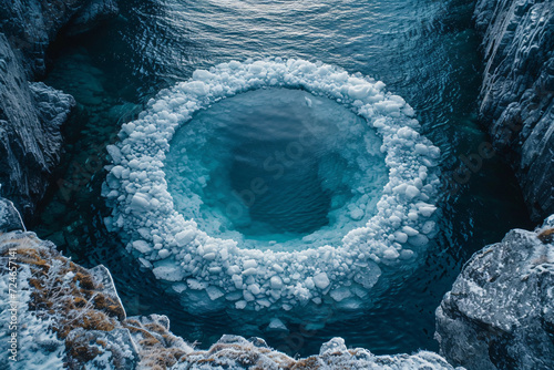 A natural icy formation creating a circular shape in the ocean, surrounded by snowy cliffs photo