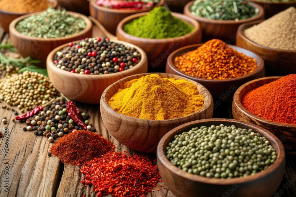 Colorful spices in bowls on a wooden table variety Colorful spices in bowls on a wooden table variety