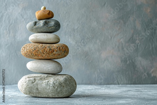 Concept of harmony and balance portrayed by a balancing pyramid of sea pebbles on gray background resembling scales with stones photo