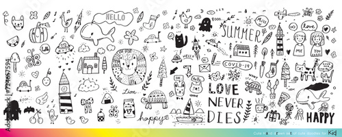 Vector illustration of Doodle cute for kid  Hand drawn set of cute doodles for decoration Funny Doodle Hand Drawn  Summer  Doodle set of objects from a child s life Cute animal