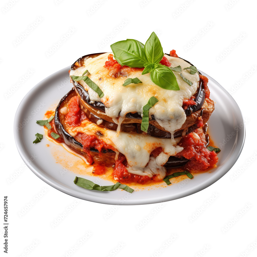 Baked Eggplant Parmesan On White Plate, png Baked Eggplant Parmesan On White Plate, png