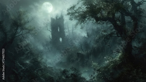 Forest full of darkness with mysterious ancient ruins in the fog © MrHamster