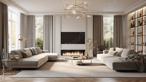 A large spacious living room in a modern style. Interior with a large gray sofa, coffee table, big windows, fireplace in front of the sofa in stylish home decor © EltaMax99