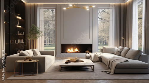 A large spacious living room in a modern style. Interior with a large gray sofa  coffee table  big windows  fireplace in front of the sofa in stylish home decor