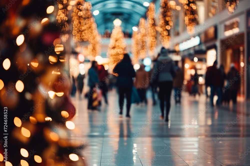 Shopping mall decorated for Christmas time. Crowd of people looking for presents and preparing for the holidays. Abstract blurred defocused image background. Christmas holiday, shopping, Generative AI