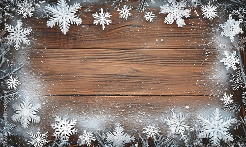 winter advent christmas Background template - Frame made of snow with snowflakes and ice crystals on brown wooden texture, top view with space for text, Generative AI