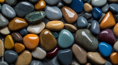 beautiful beach colored stones in the beach side with waves at the night, phosphorus stones, colored beach stones background