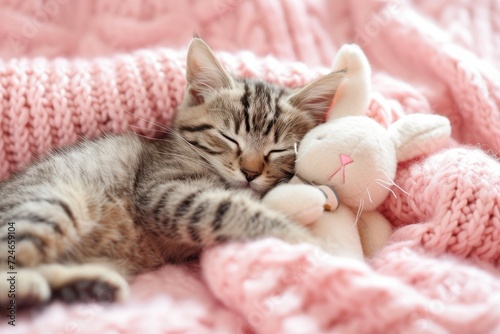 Cozy tabby kitten cuddles plush bunny on pink bed