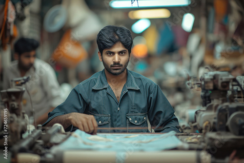 Skilled Worker in the Textile Industry, Seamstress Operating Sewing Machine in an Indian Workshop
