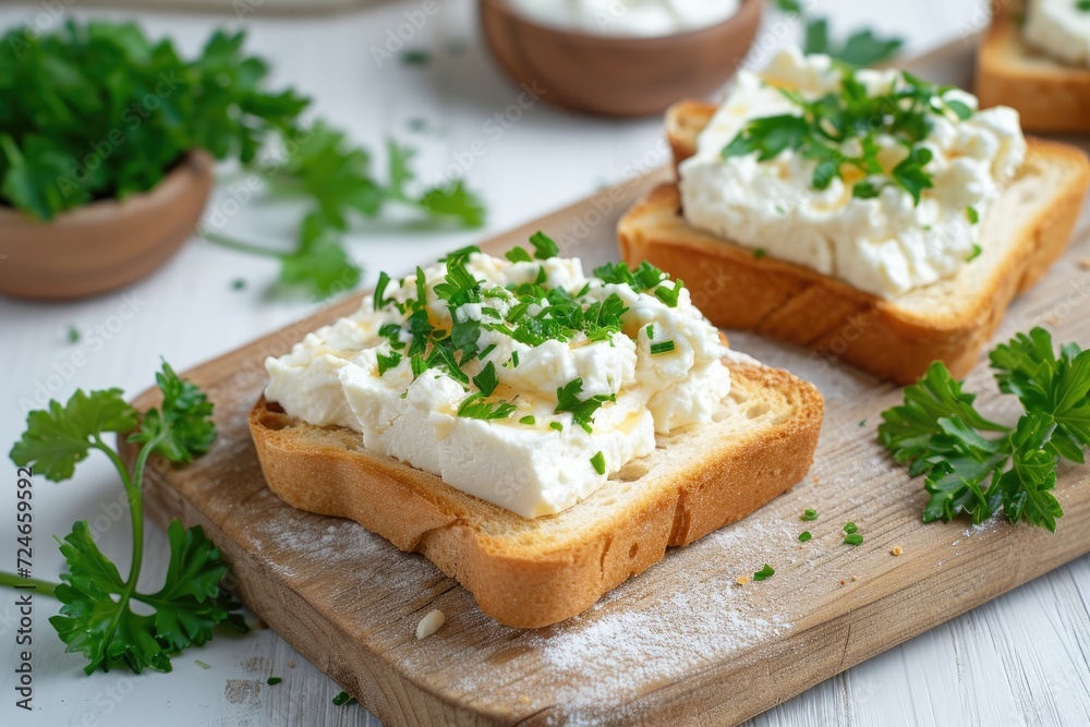 Creamy cheese and parsley on wooden board with homemade crispy toast Creamy cheese and parsley on wooden board with homemade crispy toast
