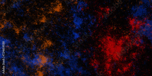 Star field background Aquamarine and dark red orange, navy blue and nebula universe. Cosmic neon light blue watercolor background aquarelle deep black Paper textured. Fantastic outer view space