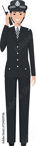 Standing British Policewoman Officer with Walkie-Talkie in Traditional Uniform Character Icon in Flat Style. Vector Illustration.