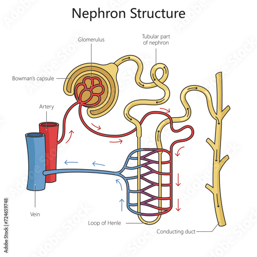 Nephron structure diagram hand drawn schematic vector illustration. Medical science educational illustration photo
