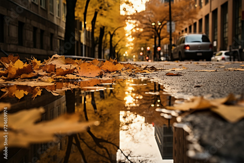 Explore emotional landscapes with autumn leaves reflected in a city puddle, featuring dystopian aesthetics, light orange hues, and weather core backdrops.