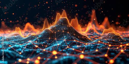 Digital mountains with glowing nodes, a visual representation of data landscape photo
