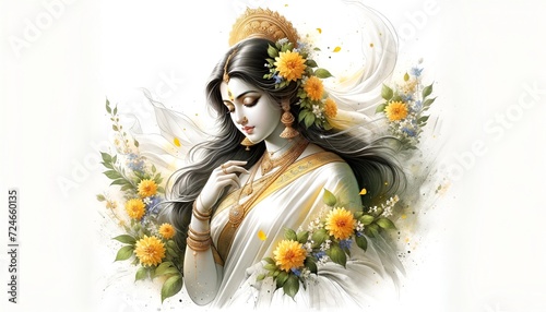 Serene and elegant portrait illustration of goddess saraswati in watercolor style. photo